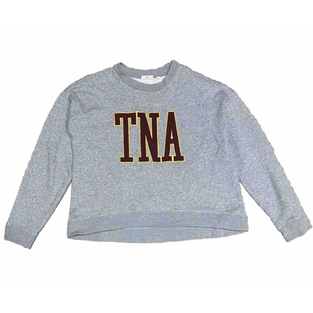 Aritzia TNA Sweatshirt Womens M Gray Cropped Pullover Varsity Logo Sweater Top